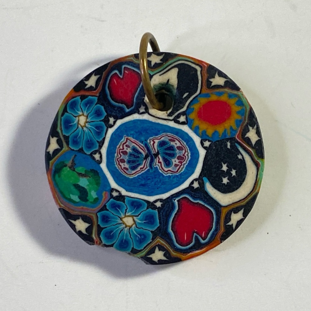 Vintage Millefiori Polymer Clay Pendant Colorful Handmade Round Medallion